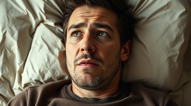 High-resolution stock photo of a man, approximately thirty, awakening from a strange dream, natural earth tones, browns, beiges, muted colors, commercial, professional quality.jpg