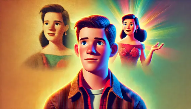 DALL·E 2024-09-19 08.19.51 - A 3D Pixar-style image of a young man standing, his face showing a mix of temptation and hesitation. In his vision, a beautiful woman transforms into .webp