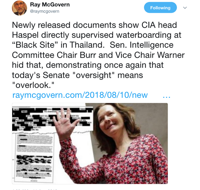 Ray McGovern on Twitter   Newly released documents show CIA head Haspel directly supervised waterboarding at “Black Site” in Thailand. Sen. Intelligence Committee Chair Burr and Vice Chair Warner hid that  demonstra.png
