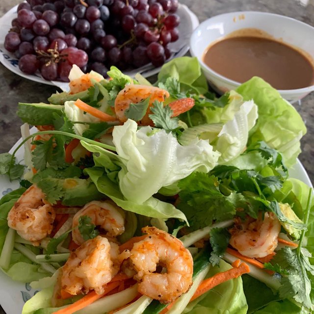 food shrimps saland and greens, fruits with maris gp.jpg