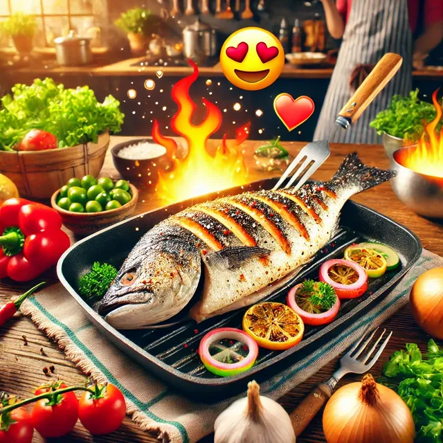 DALL·E 2024-09-22 17.05.17 - A vibrant and enticing scene of homemade grilled fish being prepared in a cozy kitchen. The fish, beautifully scored and seasoned with salt and ginger.webp