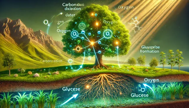 DALL·E 2025-01-27 02.56.32 - An artistic yet educational landscape illustrating the process of photosynthesis. The scene features a green, vibrant tree absorbing sunlight, with vi.webp