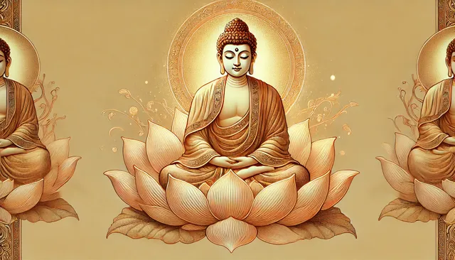 DALL·E 2024-09-22 23.24.25 - A traditional hand-drawn style image of Buddha sitting on a lotus flower, with a soft golden glow surrounding his peaceful figure. Buddha has a serene.webp