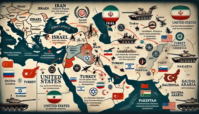 DALL·E 2024-08-07 19.55.48 - An illustrated map of the Middle East highlighting key regions involved in recent conflicts. Iran and Israel are shown with significant markers, indic.webp