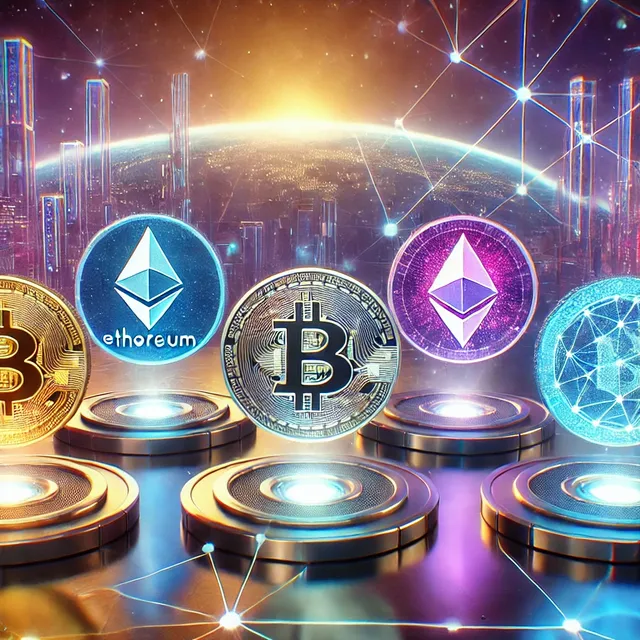 DALL·E 2024-10-07 21.53.15 - A futuristic image showcasing the top 5 cryptocurrencies to invest in for 2024_ Bitcoin (BTC), Ethereum (ETH), Solana (SOL), Polkadot (DOT), and Chain.webp