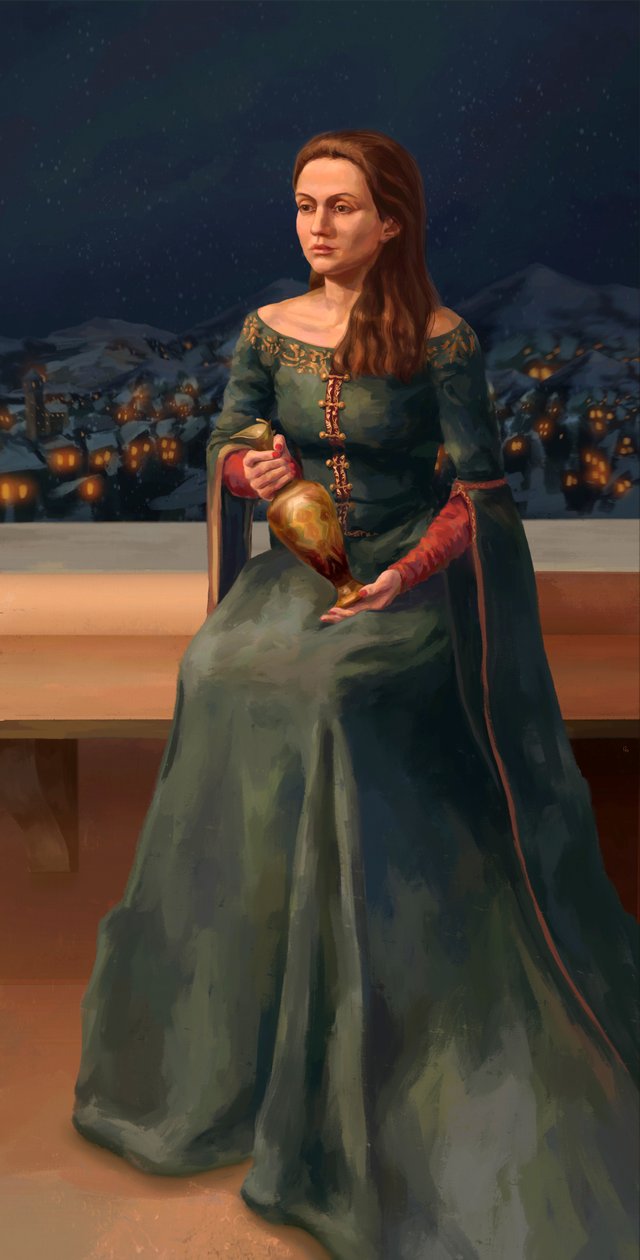 Katya in medieval dress with jag on balcony with night village view.jpg