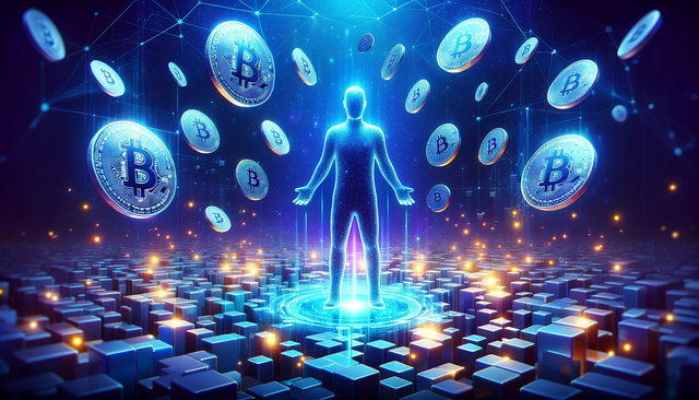 DALL·E 2023-11-06 17.06.26 - Create a 3D rendering of a futuristic figure representing an anonymous creator, surrounded by flying digital coins in a blockchain-themed universe. Th.png