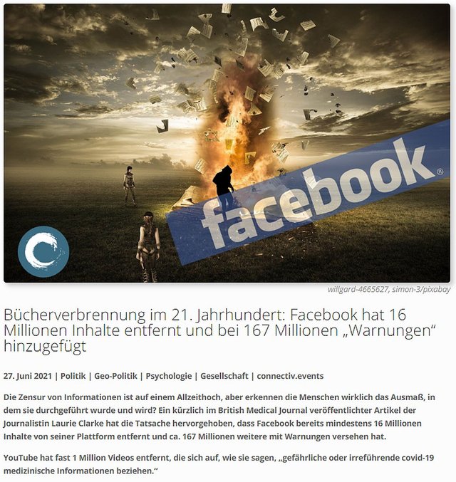 Bücherverbrennung im 21. Jahrhundert Facebook hat 16 Millionen Inhalte entfernt und bei 167 Millionen „Warnungen“ hinzugefügt.jpg