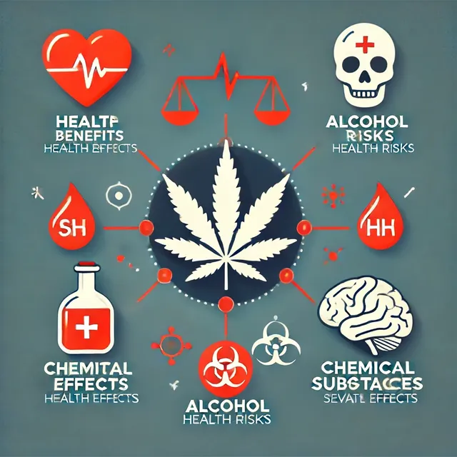 DALL·E 2024-06-18 05.07.09 - A visual representation of the health effects of Hemp, Alcohol, and Chemical Substances. Use icons such as a heart for health benefits, a skull for he.webp