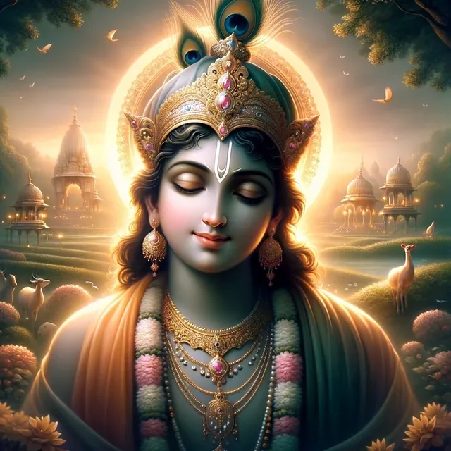 DALL·E 2024-03-27 07.10.34 - A serene and divine depiction of Lord Krishna, radiating love and devotion. The image captures Lord Krishna in a tranquil pose, with a soft, compassio.webp