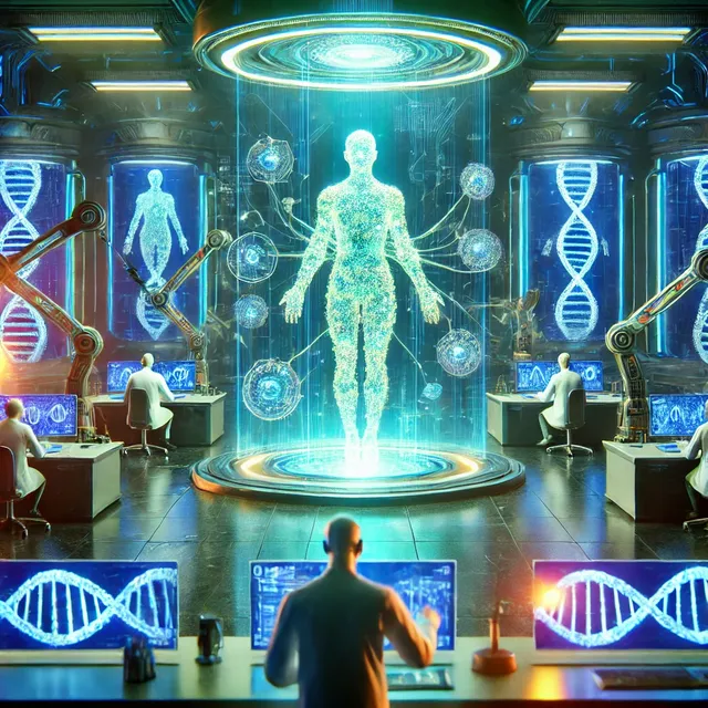 DALL·E 2024-12-02 23.53.40 - A futuristic and visually stunning representation of artificial life and bioengineering. The scene features a glowing, humanoid artificial organism be.webp