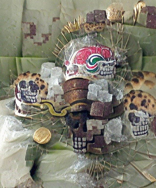 A Mayan sugar skull, wearing a crown of thorns, with an old conquistadors helmet and rattlesnake skin.png