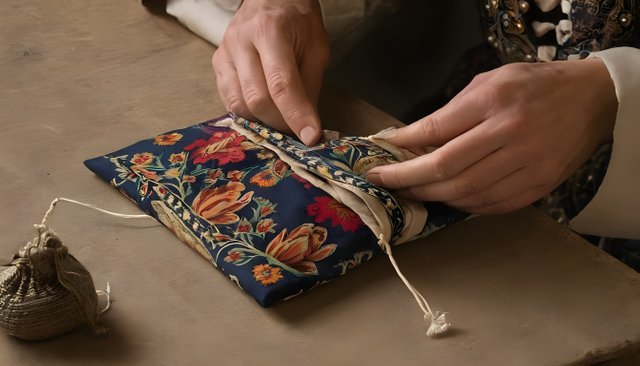 Medieval-fabric-bag-being-crafted-while-dollars-are-offered.jpg