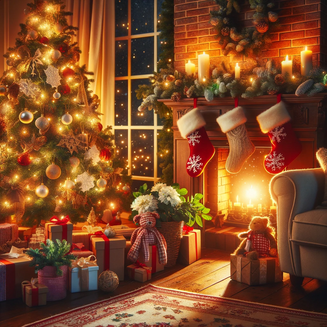 DALL·E 2023-12-23 16.41.00 - A cozy living room decorated for Christmas with a beautifully lit Christmas tree, stockings hung by the fireplace, and presents underneath the tree. T.png