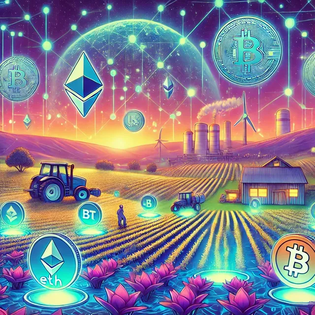 DALL·E 2024-10-17 09.14.10 - A vibrant illustration depicting the concept of yield farming in the decentralized finance (DeFi) ecosystem. The scene shows various cryptocurrency to.webp