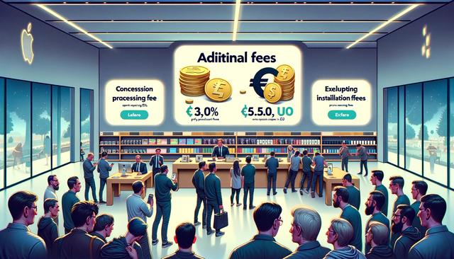 DALL·E 2024-01-27 14.43.04 - A widescreen digital illustration highlighting Apple's introduction of additional fees in the EU. The scene shows an Apple store with signs displaying.png