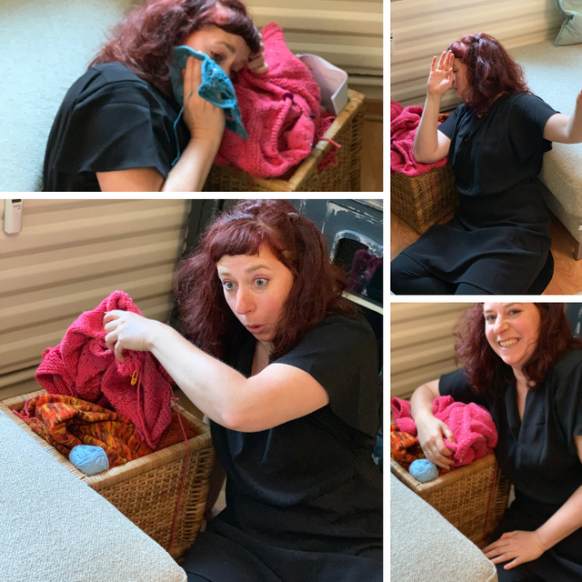 Knitting box of shae with woman making faces