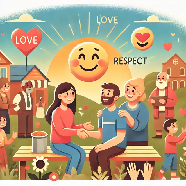 DALL·E 2024-09-30 12.47.34 - A warm and heartfelt scene depicting people treating each other with respect and kindness. The background shows a peaceful community setting with smil.webp