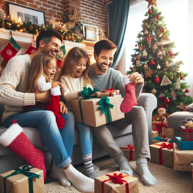 DALL·E 2023-12-23 16.41.30 - A cheerful family opening presents on Christmas morning in a living room, with a Christmas tree adorned with ornaments and lights, stockings filled wi.png