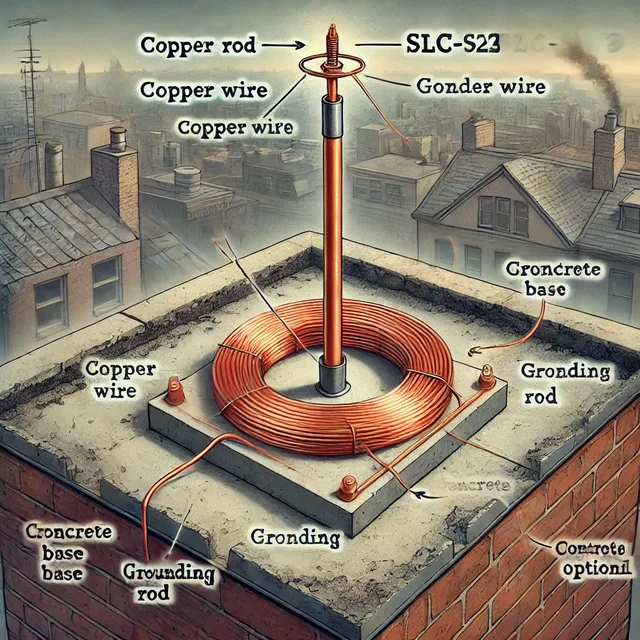 DALL·E 2024-12-30 11.35.25 - A step-by-step visual guide for creating a homemade lightning arrester, labeled with 'SLC-S22W3'. The image includes a rooftop setup with a copper rod.webp