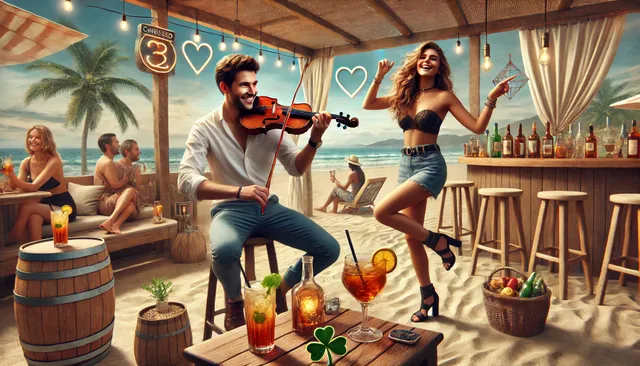 DALL·E 2024-08-05 17.17.13 - A realistic photo of a beach party at a chiringuito with two people. A young man is playing a violin enthusiastically. Nearby, a young woman is dancin.webp