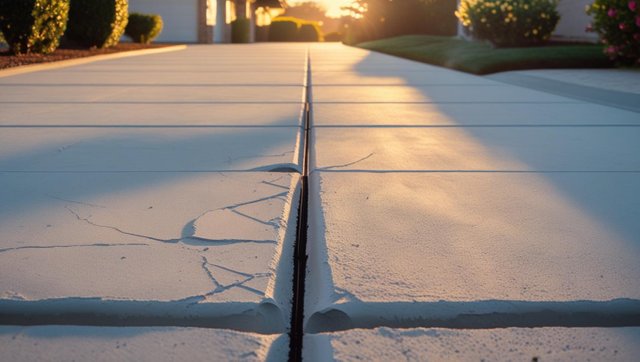 A well-maintained concrete patio and driveway in a clean suburban setting, free of cracks, with visible expansion joints and light landscaping. Early morning or late afternoon lighting for a warm, inviting tone.jpg