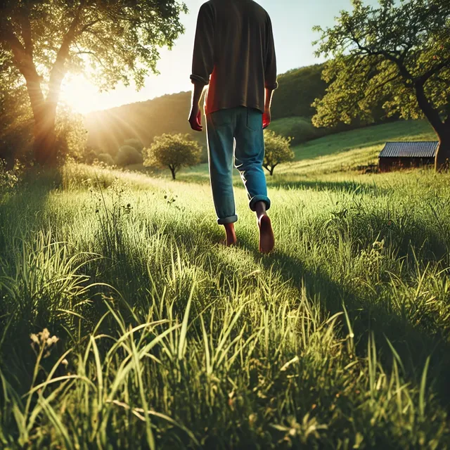 DALL·E 2024-10-15 05.44.51 - A peaceful scene of a person walking barefoot on grass in a lush green field with trees in the distance. The sun is gently shining, casting warm light.webp