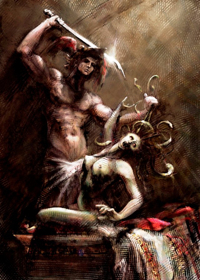In Greek mythology Medusa (Greek: Μέδουσα, 'guardian, protectress') was a  Gorgon, a chthonic monster, and a daughter of Phorcys and Ceto. Gazing  directly upon her would turn onlookers to stone. She was