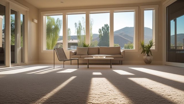 Create a clean, professional image showing a modern living room in a home located in a small California town (like Chico, Oroville, or Manzanita). The carpet should look freshly cleaned, bright, and inviting. A (3).jpg