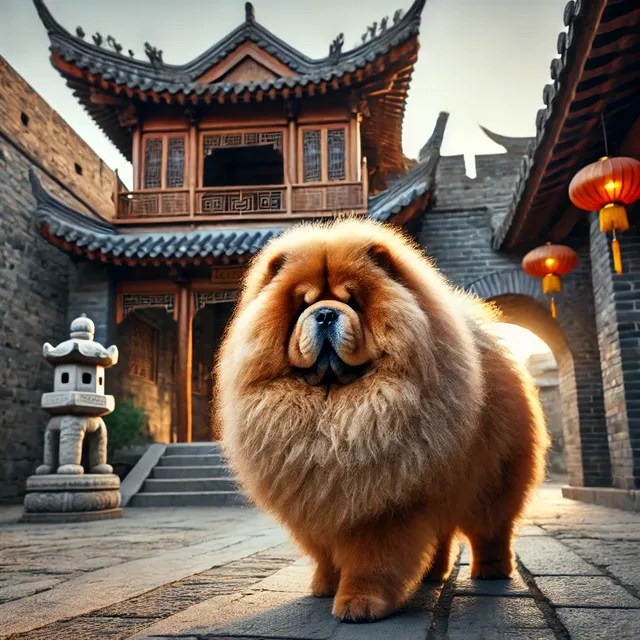 DALL·E 2024-09-04 15.50.05 - A regal Chow Chow dog walking in a traditional Chinese courtyard, with ancient stone walls and a wooden pagoda in the background. The dog has an impos.webp