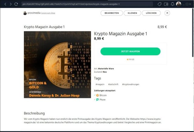 Krypto Magazin на децентрализованной торговой платформе Phore Marketplace