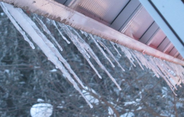looking underneath icicles hanging from sunroom roof pink tint.JPG
