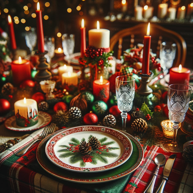 DALL·E 2023-12-23 16.41.28 - A warm and inviting Christmas dinner table setting, with a red and green tablecloth, lit candles, a centerpiece of pine cones and holly, plates with C.png