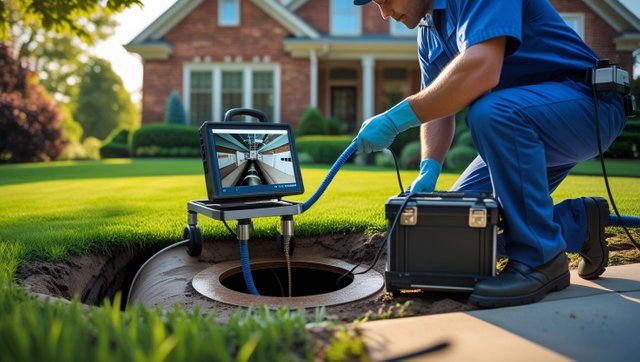 “A licensed plumber performing a sewer camera inspection outside a residential home. The plumber is feeding a long flexible camera cable into a ground-level pipe cleanout. A portable monitor on a stand or cart disp.jpg