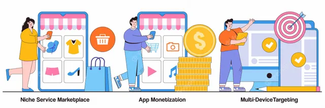 niche-service-marketplace-app-monetization-multi-device-targeting-concept-with-tiny-people-online-retail-vector-illustration-set-buy-sell-products-startup-launch-mobile-user-metaphor_269730-1188.webp