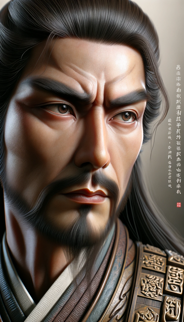 DALL·E 2024-01-03 08.32.51 - A close-up portrayal of Cao Cao, emphasizing his intelligence, boldness, and strategic cunning. The image should focus on his facial expression and ey.png