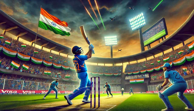 DALL·E 2025-01-23 03.57.11 - A dramatic and vibrant digital painting of a T20 cricket match between India and England at Eden Gardens, Kolkata. The scene captures Indian cricketer.webp