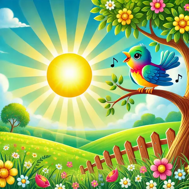 DALL·E 2024-12-22 20.42.56 - An illustration of a cheerful morning scene with a colorful bird singing on a tree branch. The background features a rising sun casting golden light a.webp