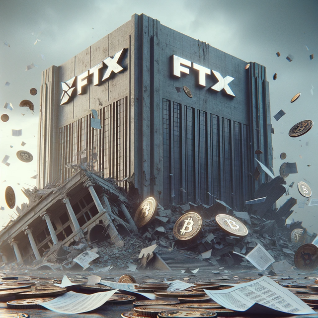 DALL·E 2024-01-29 18.42.51 - An abstract representation of the FTX bankruptcy. The scene includes a large, imposing building with the FTX logo, partially crumbled and in a state o.png