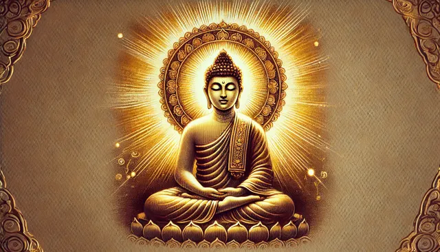 DALL·E 2024-09-22 23.24.03 - A hand-drawn scene focusing on Buddha, sitting in meditation with his eyes gently closed, surrounded by a radiant and bright golden halo. His entire f.webp