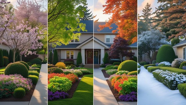 Create a high-quality, realistic image of a well-maintained residential landscape that visually reflects changing seasons—such as a split-scene showing spring blossoms, summer greenery, fall leaves, and a light win.jpg