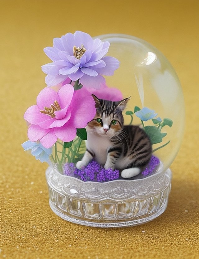 A cat sitting in a glass ball with flowers.jpg