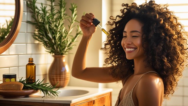 _A smiling woman with healthy, voluminous curly hair applying rosemary oil to her scalp using a dropper. Scene is set in a cozy, well-lit bathroom or natural skincare space. Include rosemary sprigs, a small amber g.jpg