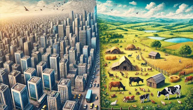 DALL·E 2024-07-05 13.27.02 - A split image showing a comparison between tight urban cities and large rural areas with farms and domestic animals. On the left side, depict a dense,.webp