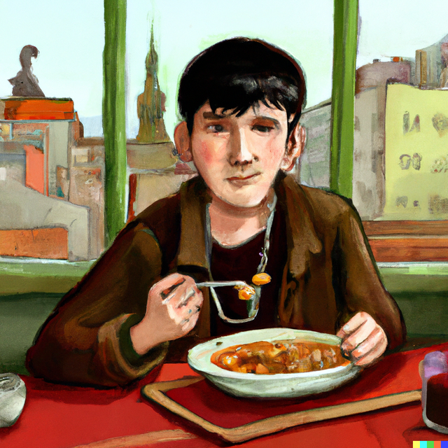 DALL·E 2023-02-27 13.33.07 - create a painting portraying of the fictional teenager thomas eating goulash soup in budapest.png