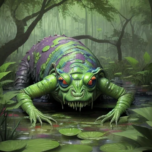 2861860498-a dirty stinky creature crawling out of the colorful bubbling swamp and under a green canopy of trees.webp