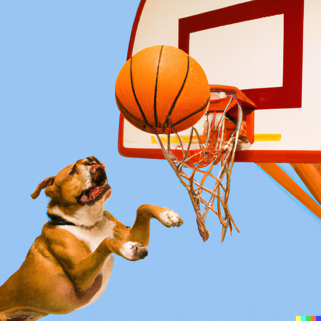 DALL·E 2022-07-15 23.33.45 - A real photo of a dog dunking a ball in the basketball ring.png