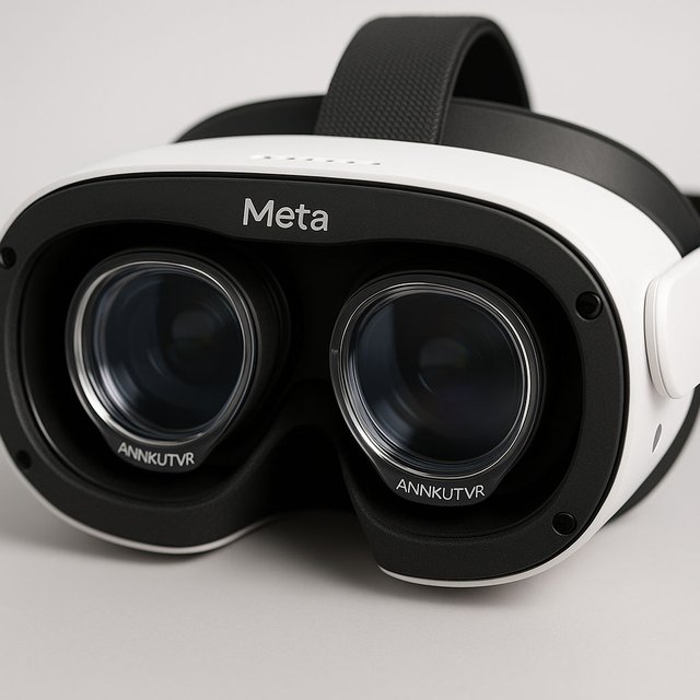 Close-up view of Meta Quest 3 VR headset with ANNKUTVR prescription lens inserts installed, showing the inner side for clear vision