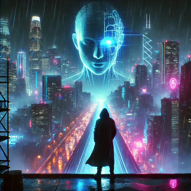 DALL·E 2024-12-09 08.13.32 - A futuristic cyberpunk city at night, drenched in neon blue, pink, and purple lights. Rain falls on the reflective streets below as a hooded figure st.webp