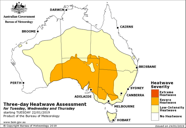 Australian Bureau of Meteorology heatwave product for the 3 days starting Tuesday 22 January 2019